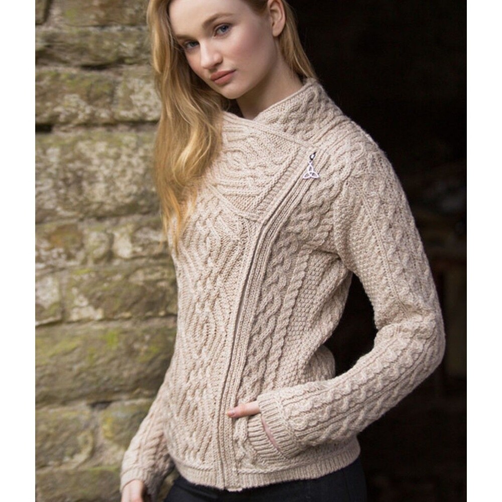 Aran Crafts Womens Merino Wool Asymmetrical Zip Cardigan XL Beige Pockets